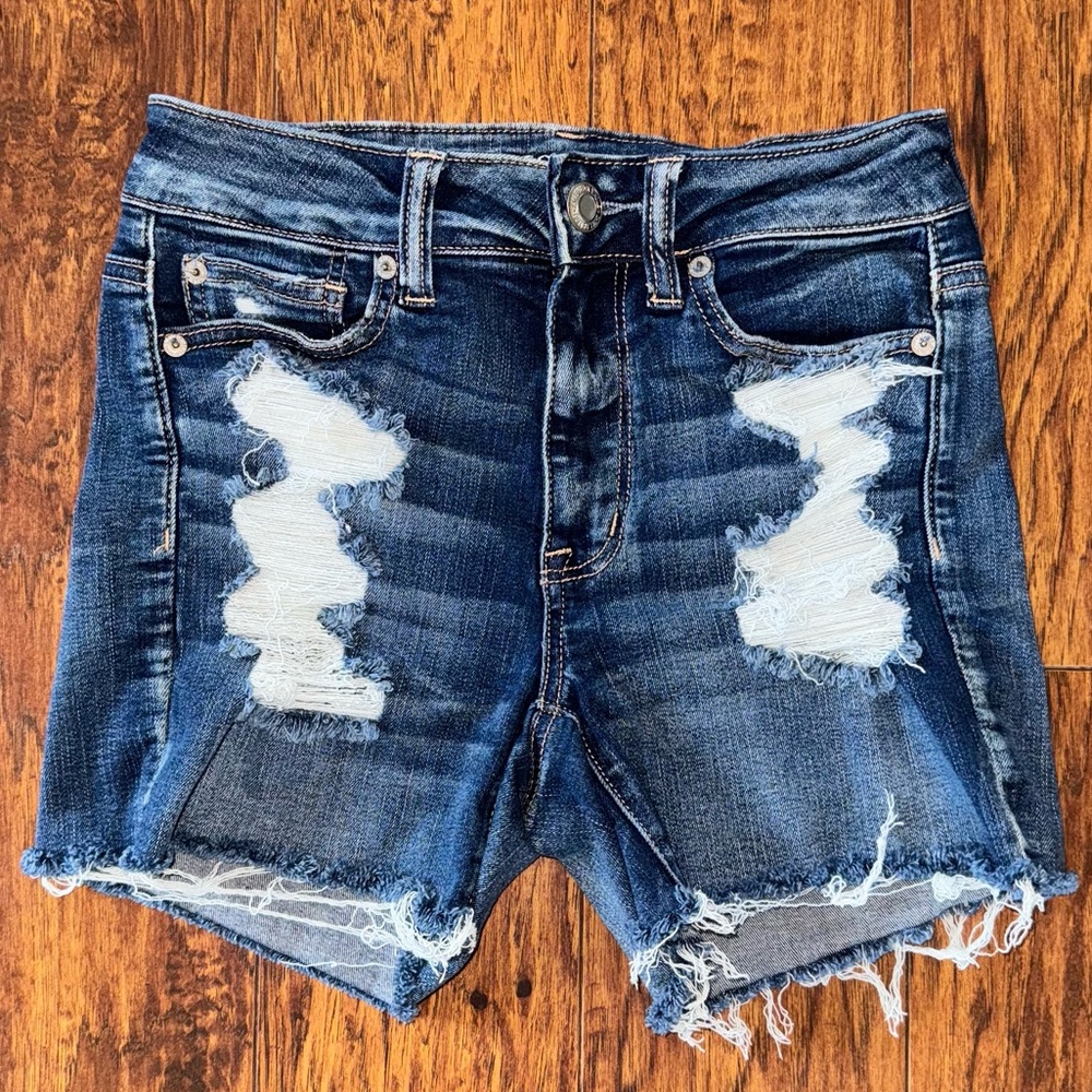 American Eagle Hi-Rise Shortie shorts size 2 with distressing and raw hem